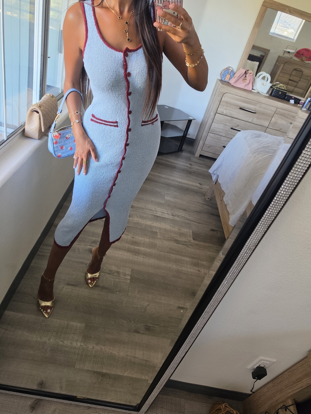 Light Blue Knit Midi Dress with Burgundy Trim Stretchy - Picture 12 of 17